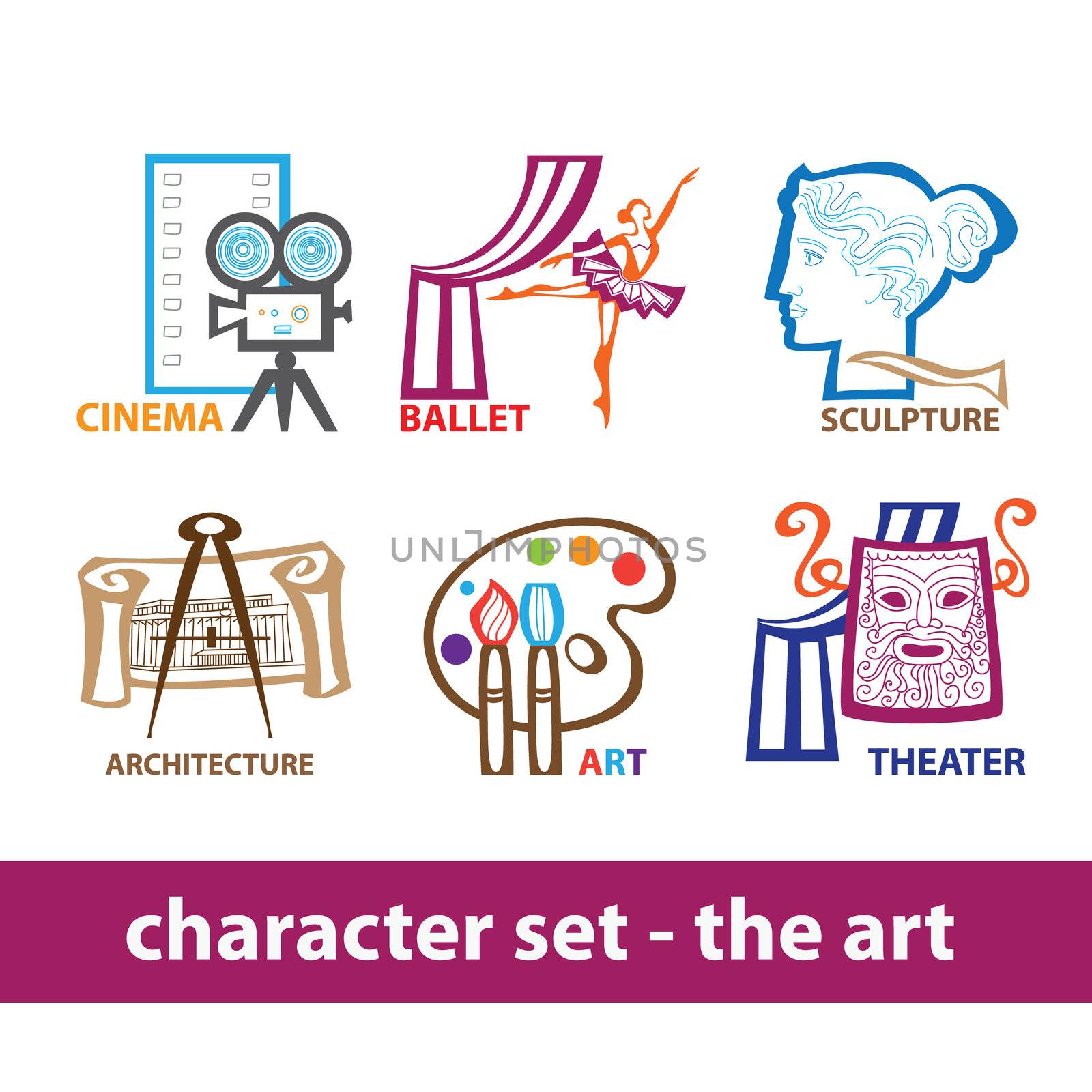 Collection of icons - the art: cinema, ballet, sculpture, architecture, art, theater. Creative vector set.