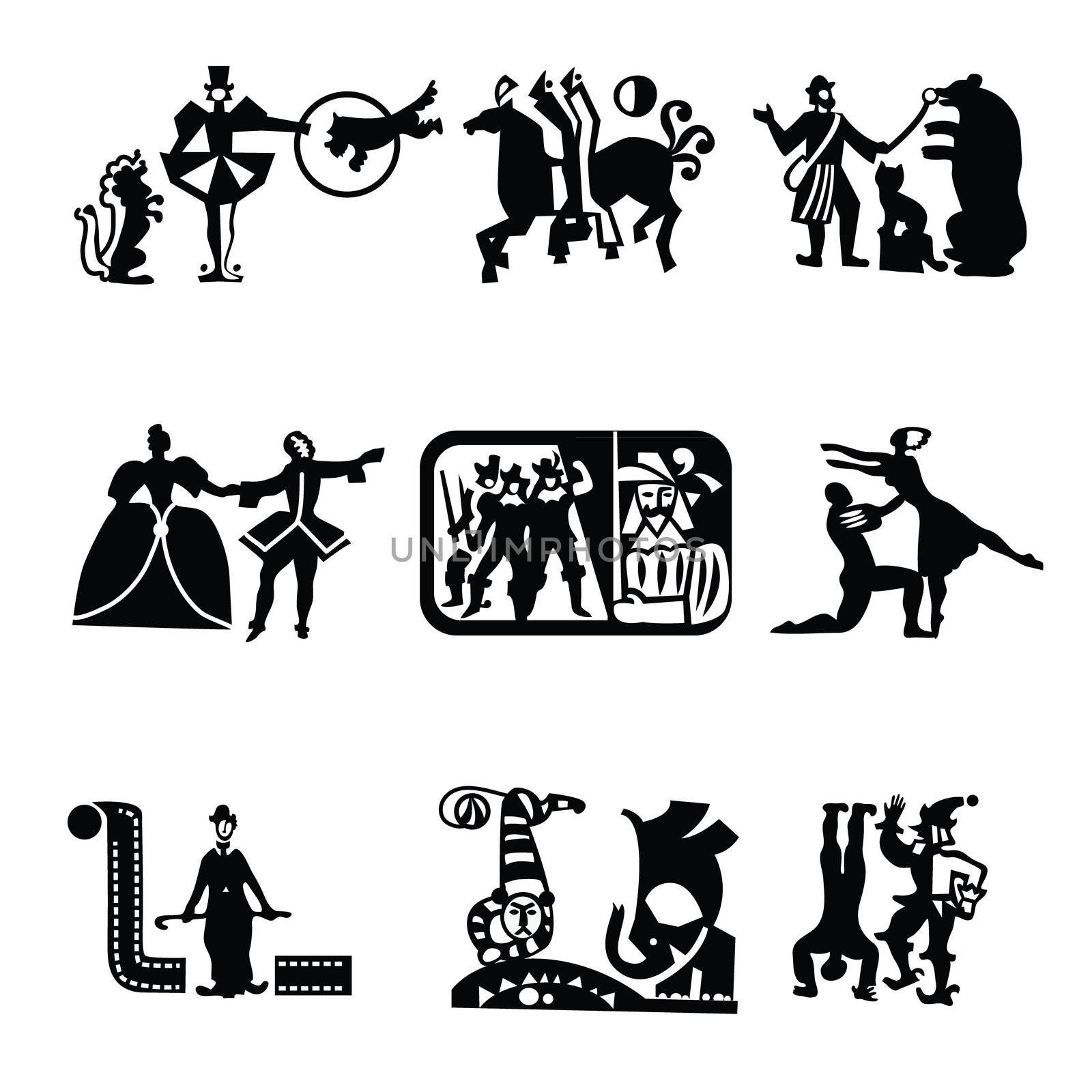 Collection of icons - the art of theater, cinema, circus, ballet. Vector symbols.