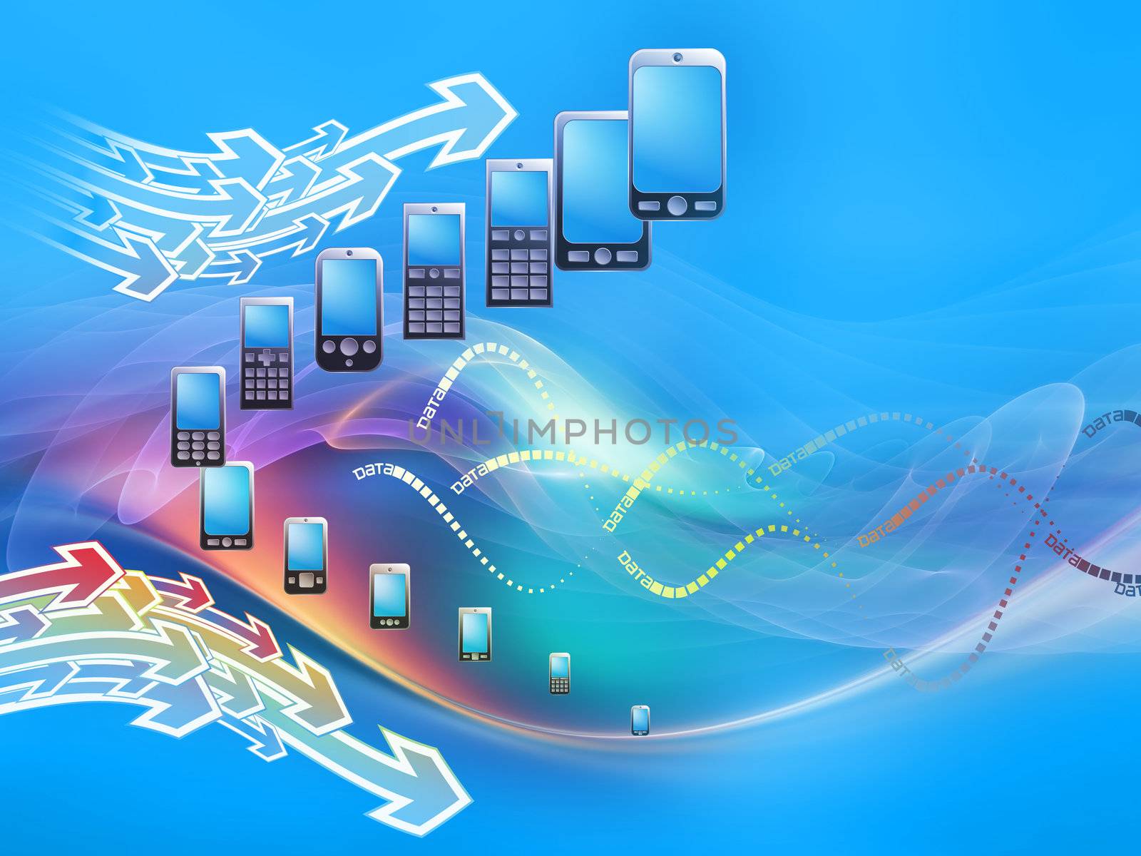 Rendering of cellular phones and abstract design elements on the subject of phone technology, cellular communication and modern electronic gadgets