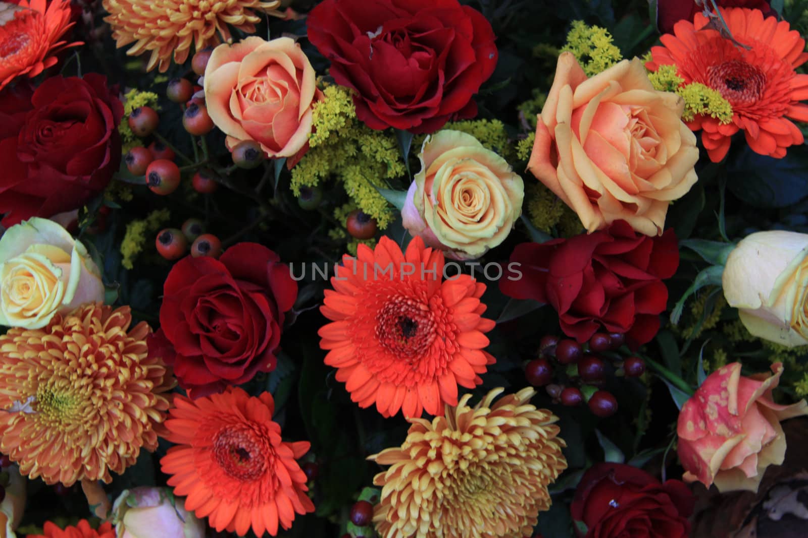 Floral arrangement in different shades of red and orange. Roses and mums