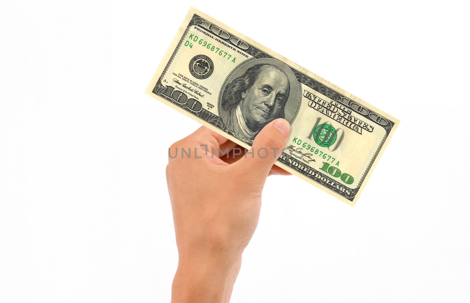 Hand holding 100 US Dollar Bill islolated on white background.