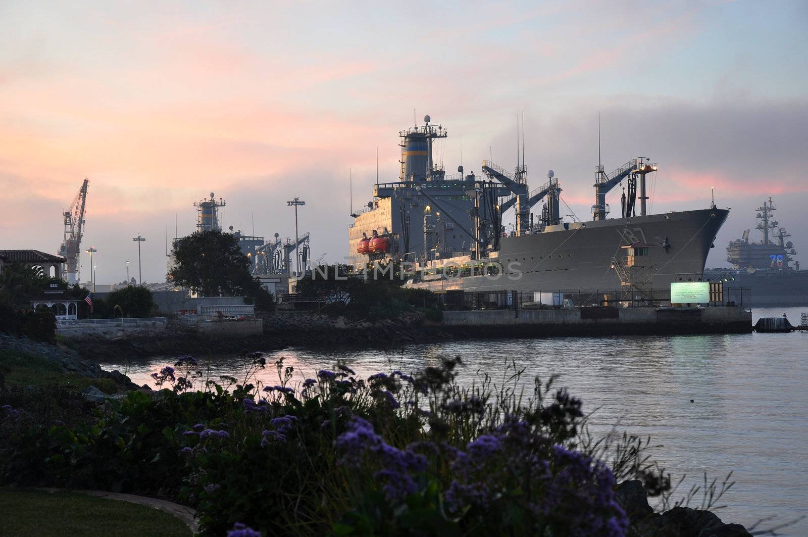 A large navy ship is anchored on Coronado Island in San Diego, California.