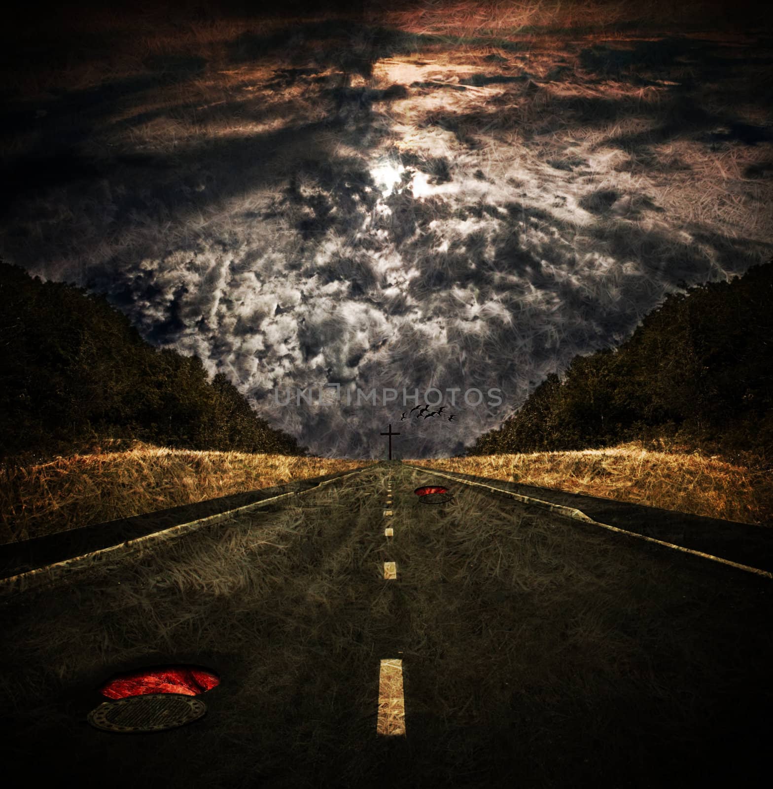Concept digital art for a book cover depicting a dramatic road leading to a cross by domencolja