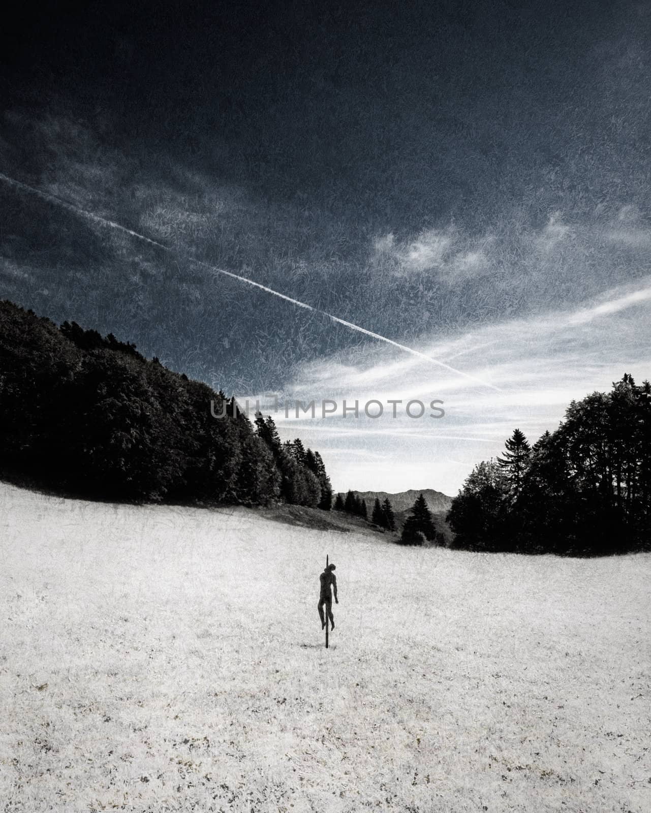 Concept digital art for a book cover with an impaled man in the middle of nowhere