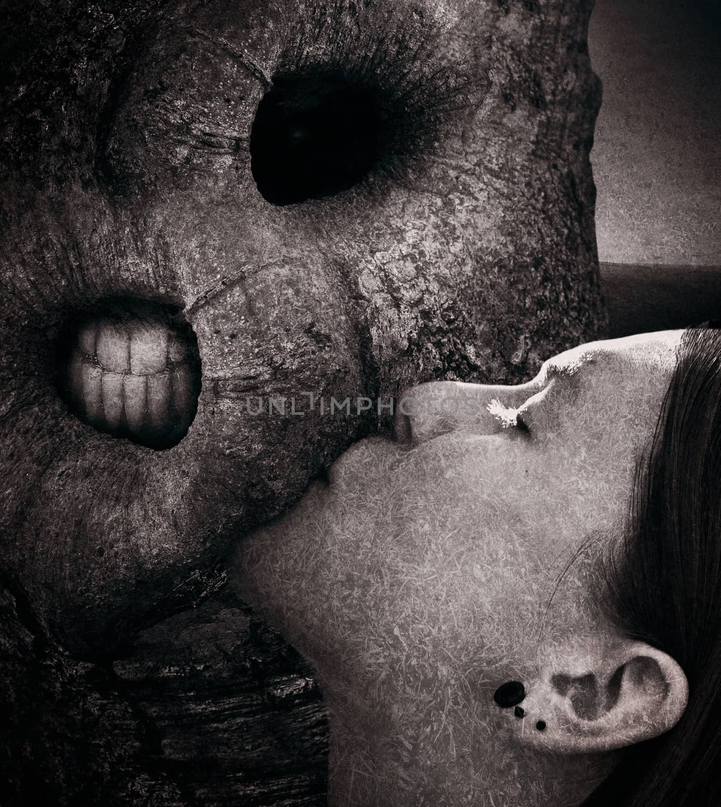 Concept digital art for a book cover (conceptual art) with a beautiful girl kissing a horrifying nature monstrosity. by domencolja
