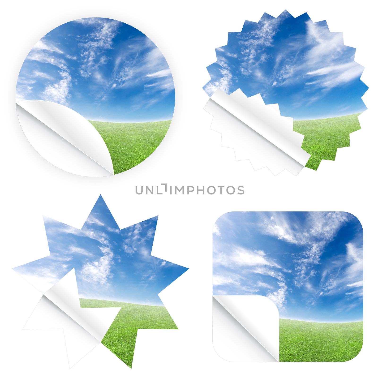 Illustrations of beautiful stickers with green grass and blue sky. Blank and isolated.