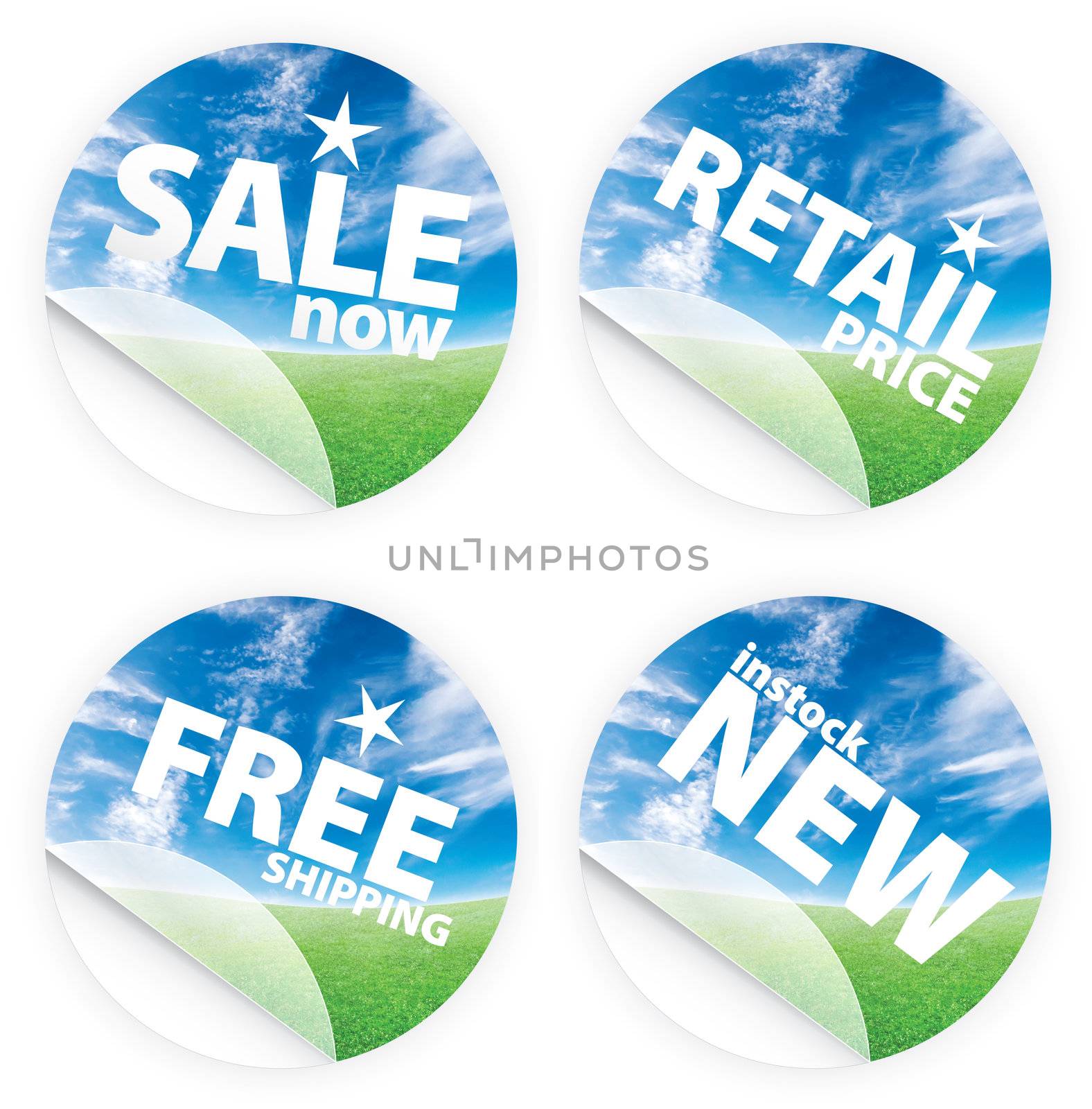 Illustrations of beautiful stickers with green grass and blue sky. Themes include sales, free shipping, retail price and new item in stock. Set 1.