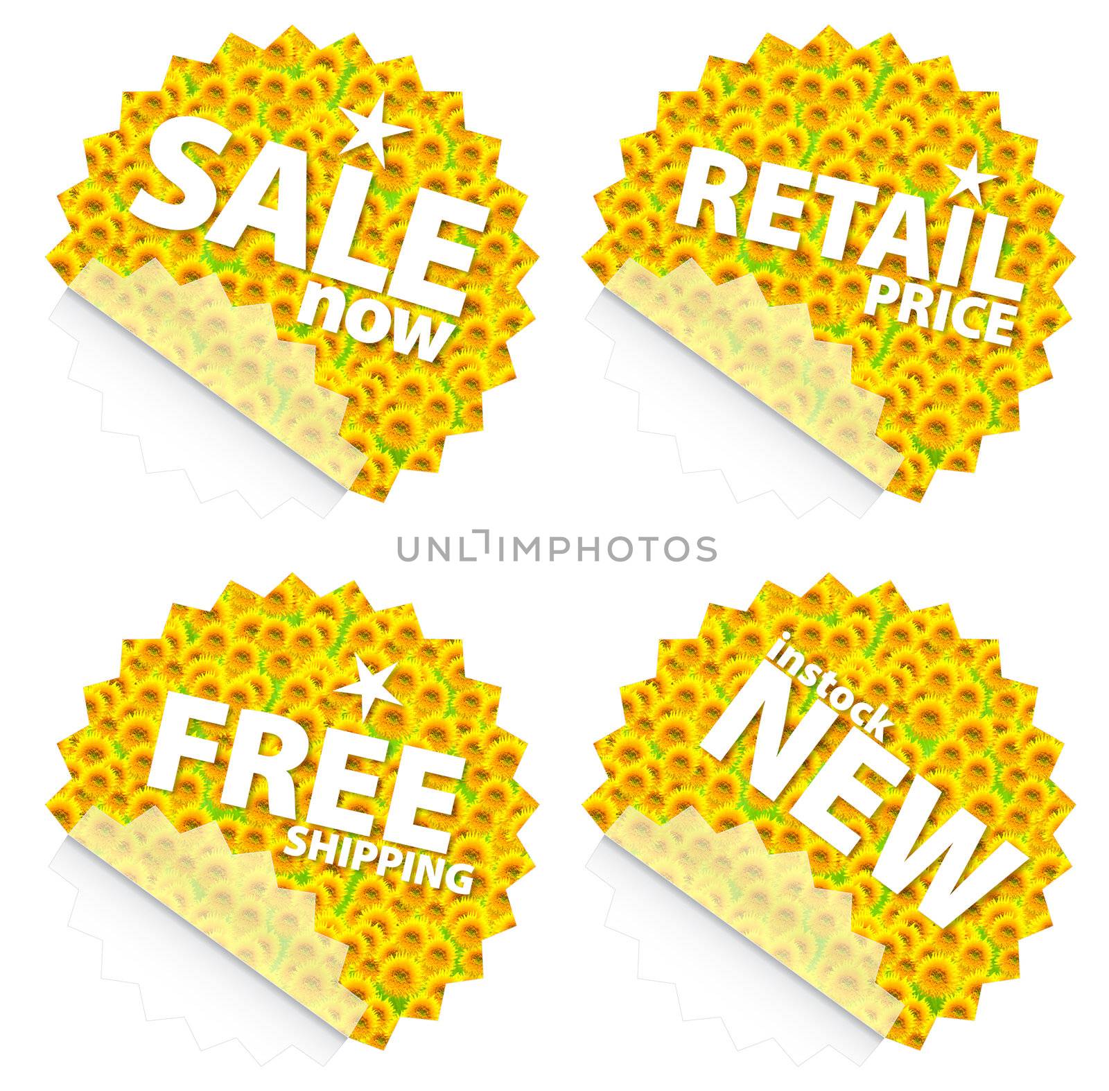 Illustration of beautiful sunflower retail stickers. Themes include sales, free shipping, retail price and new item in stock. Set 4.