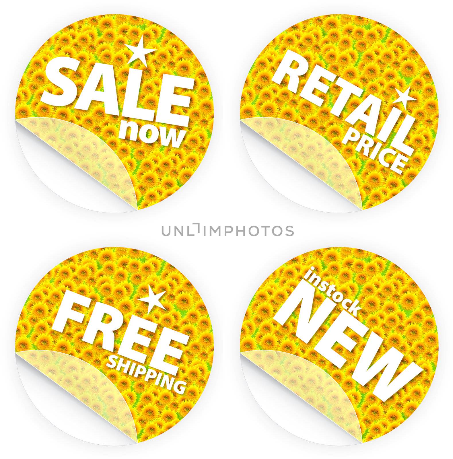 Illustration of beautiful sunflower retail stickers. Themes include sales, free shipping, retail price and new item in stock. Set 3.