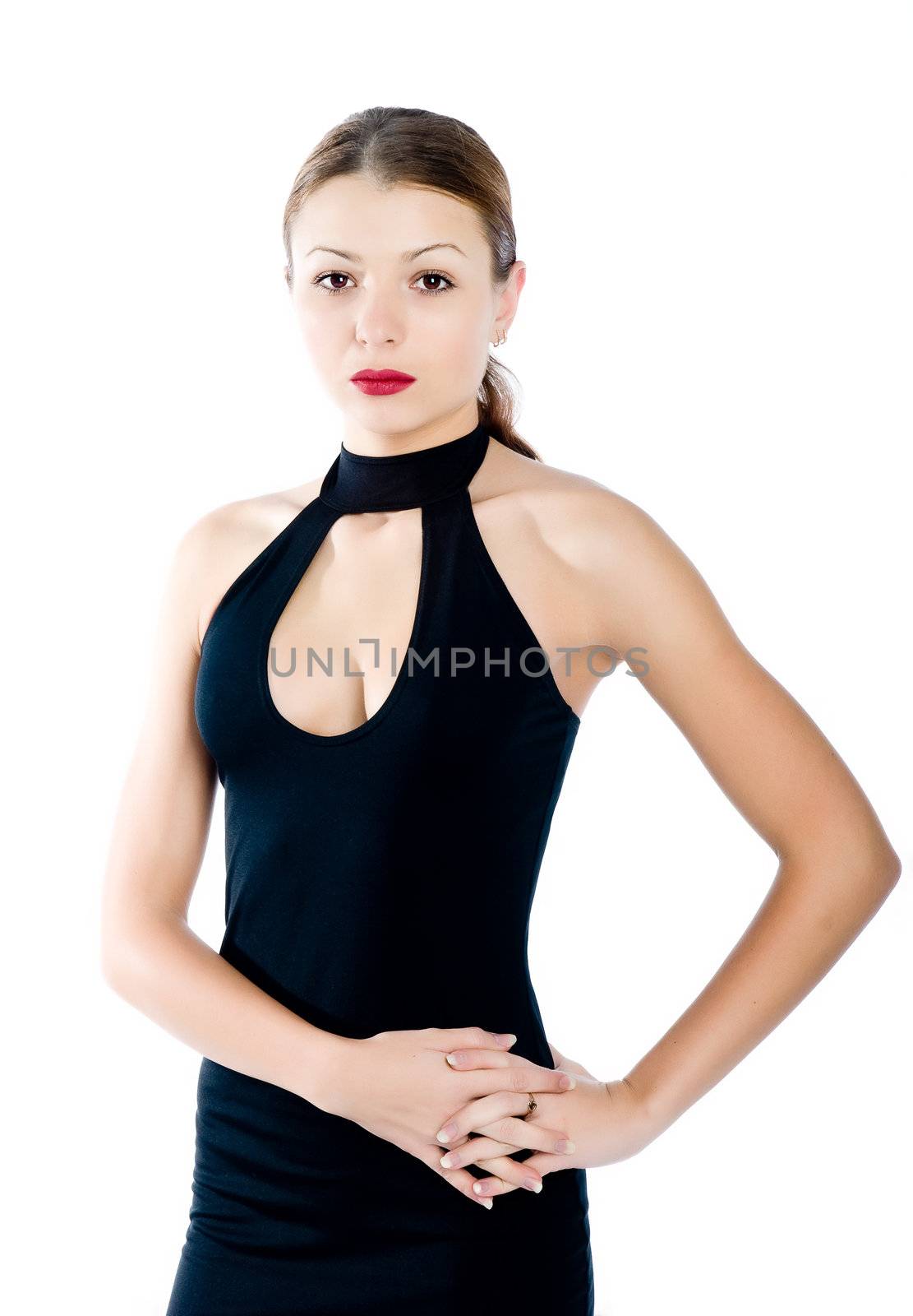 Business woman posing on a white background.