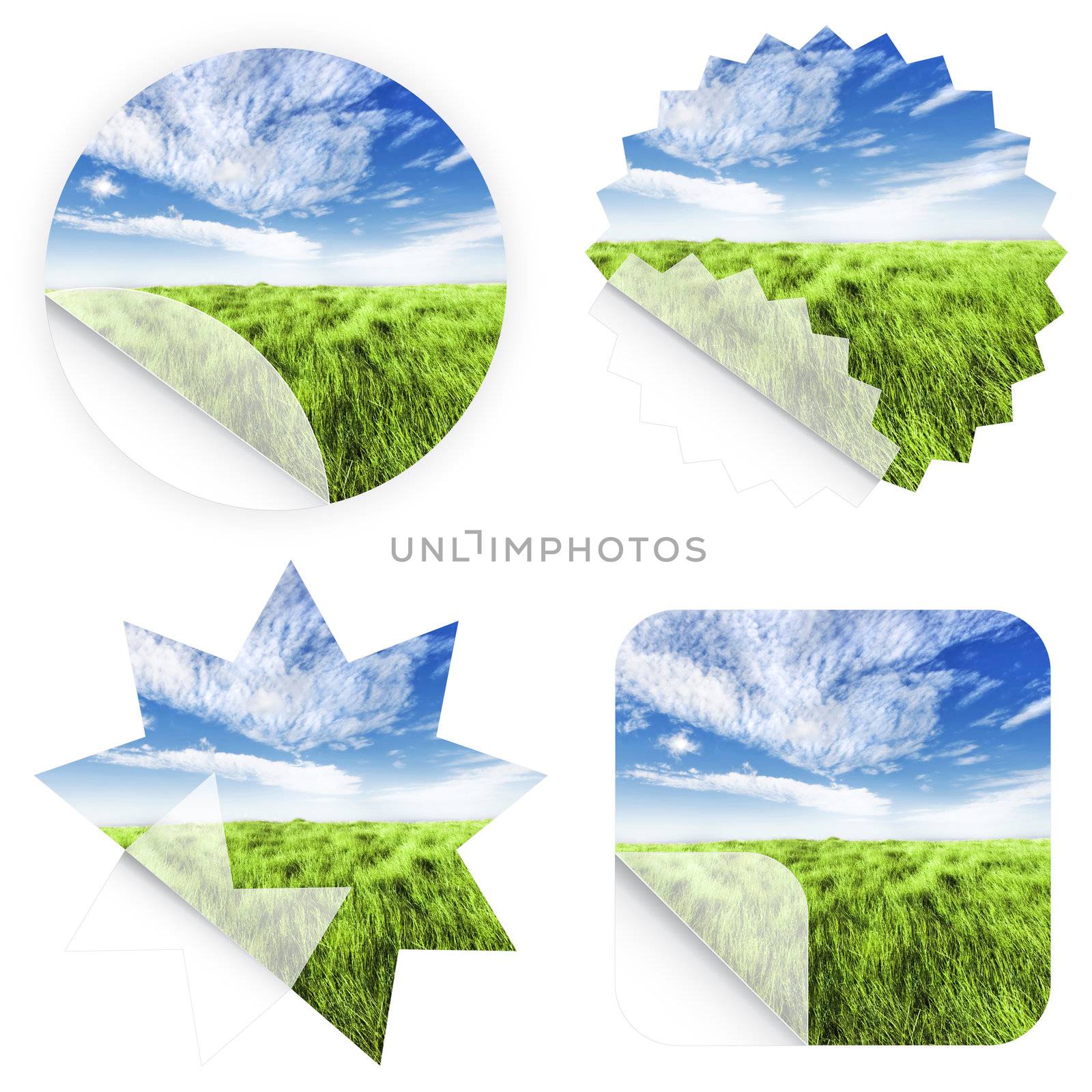 Illustrations of beautiful horizon with high grass stickers. Blank and isolated.