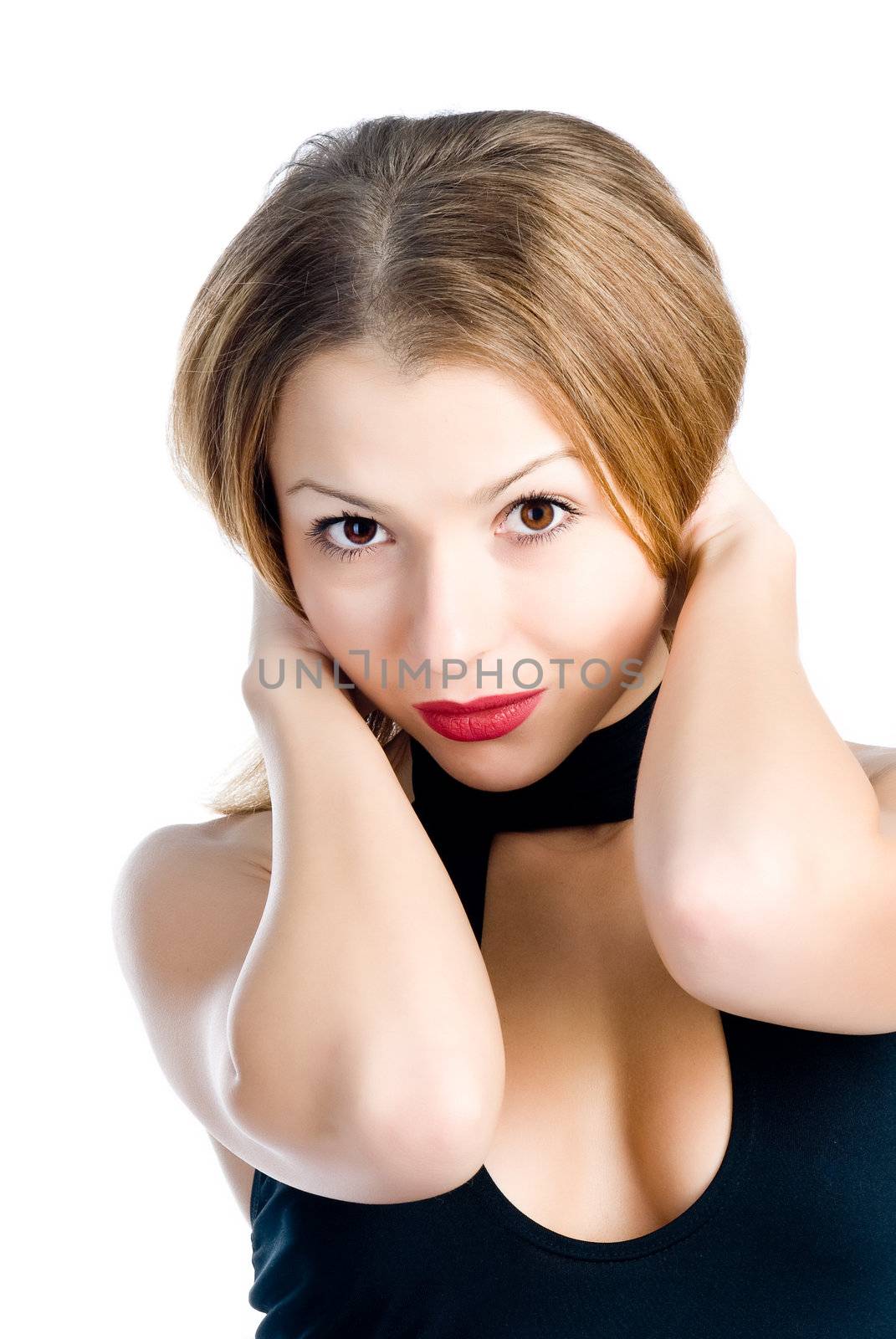 Business woman posing on a white background.