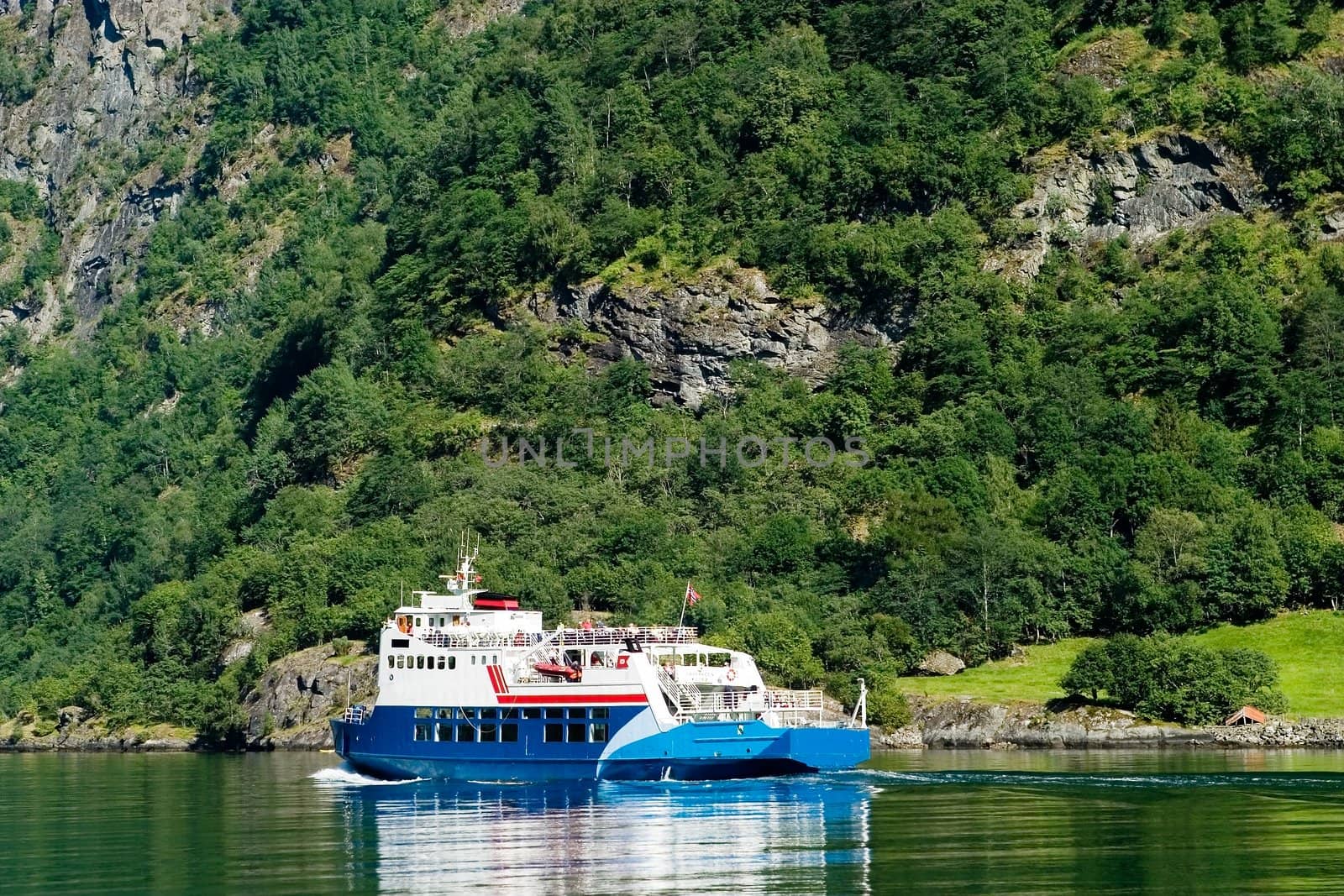 Cruise ship on Sognefjord near Gudvangen in the western area of Norway.