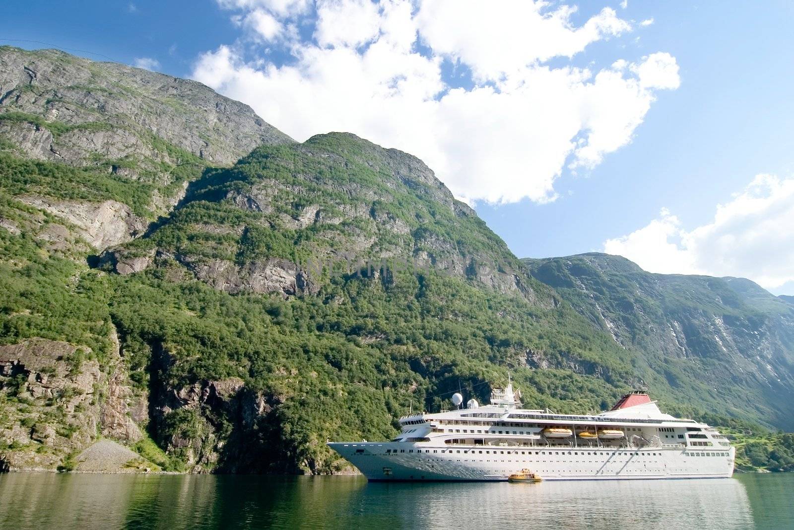 Cruise boat on the Sognefjord near Gudvangen in the western area of Norway.