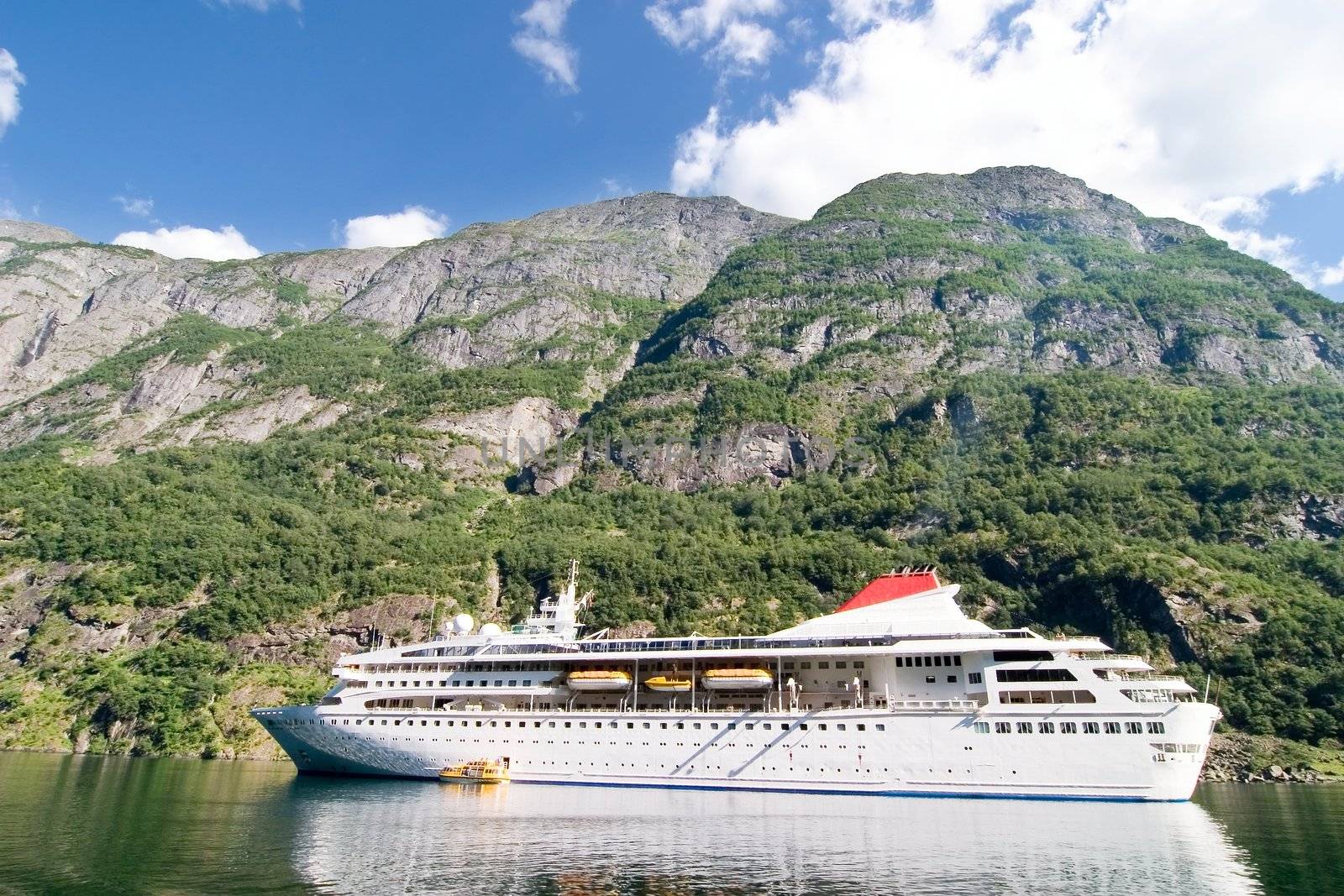 Cruise boat on the Sognefjord near Gudvangen in the western area of Norway.