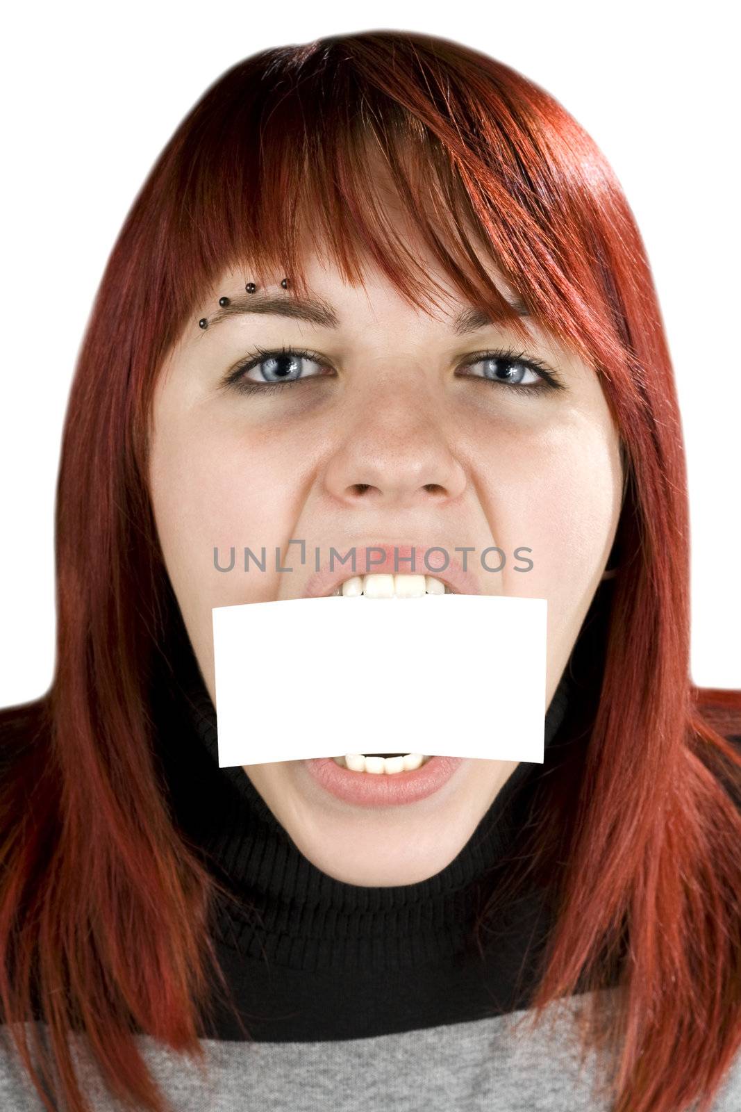 Girl biting a blank greeting card by domencolja