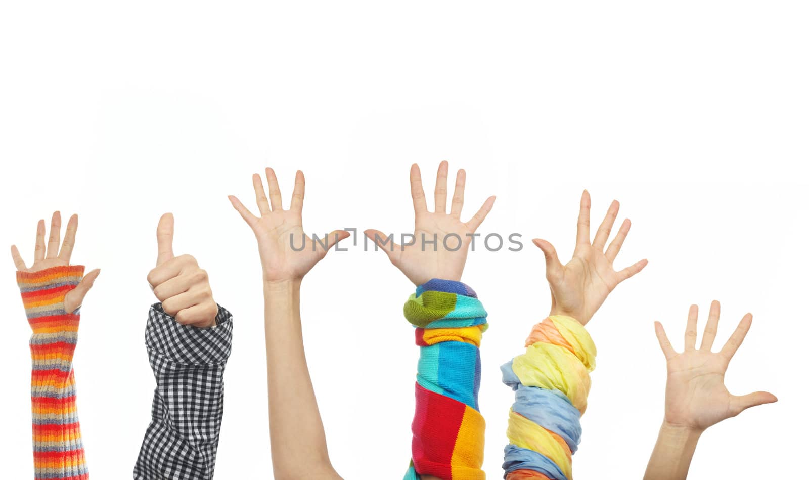 Six happy human hands in the various clothes