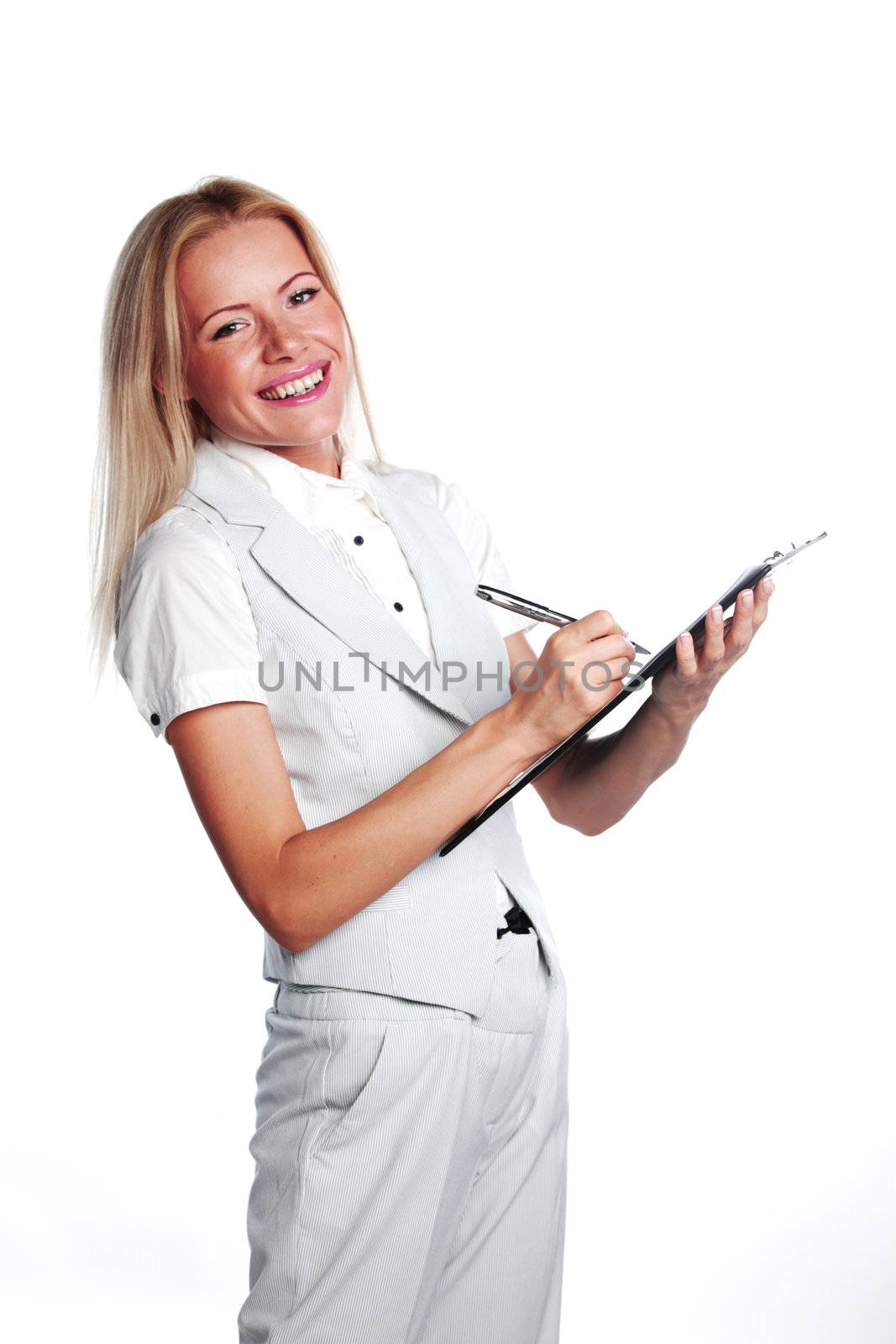 business woman writing in notebook on a white background