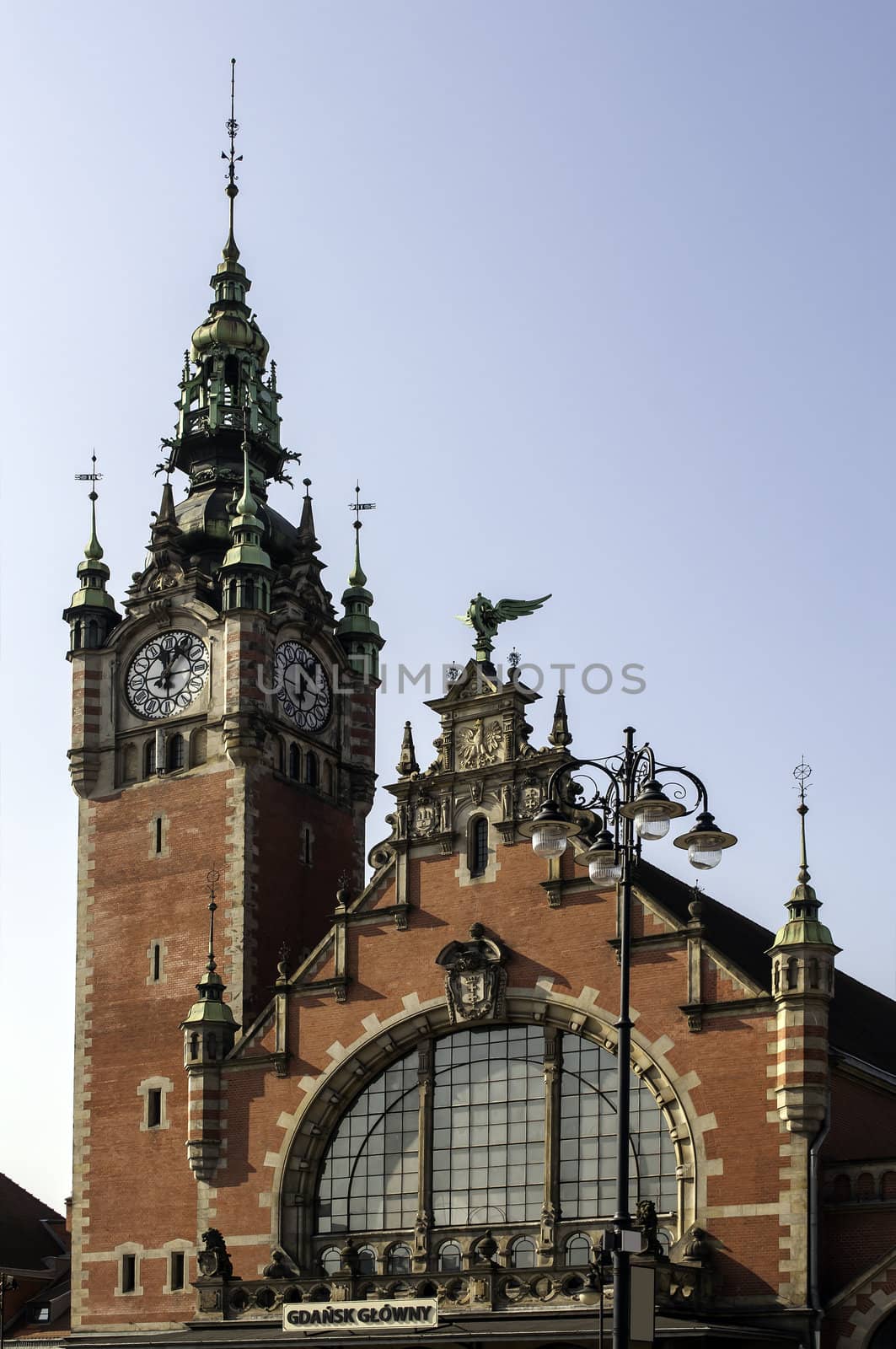 Polish architecture, clock tower at the Gdansk train station.