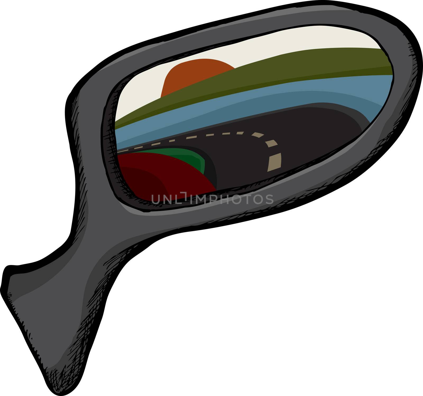 Side view mirror with reflection of back of vehicle and road