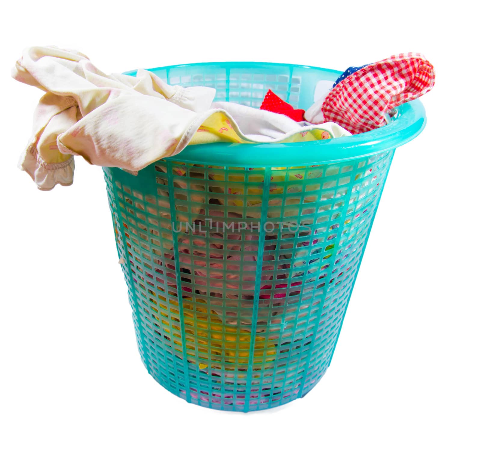 Fabrics made ​​from green plastic basket on white background.
