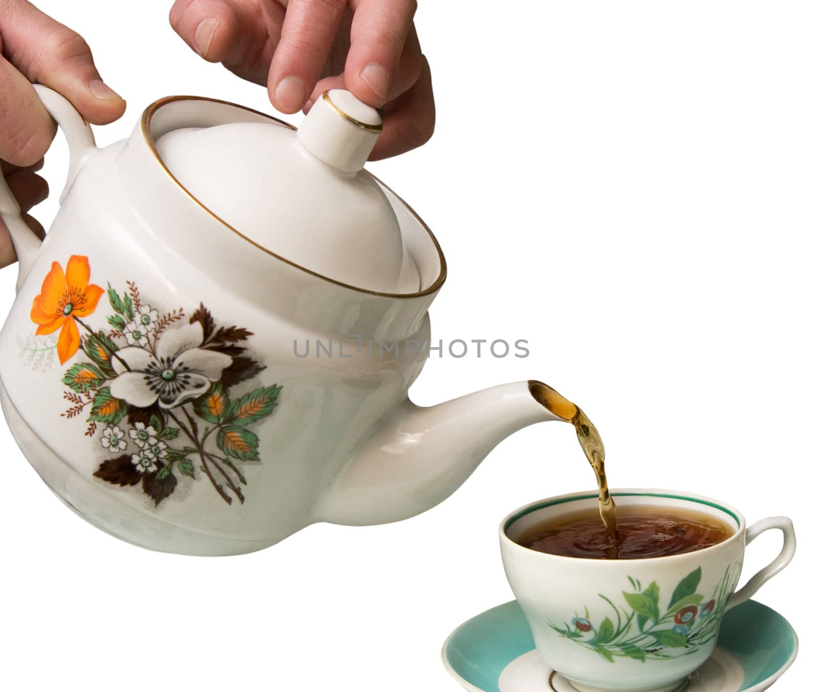 Teapot and cup of tea on a white background