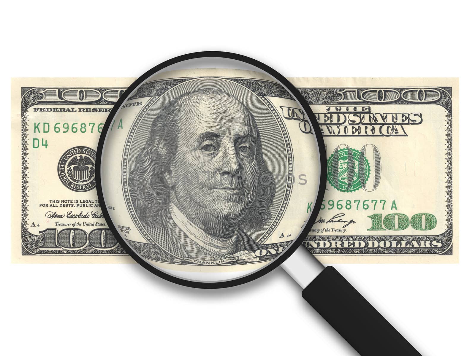 Magnifying Glass with 100 US Dollars Note on white background