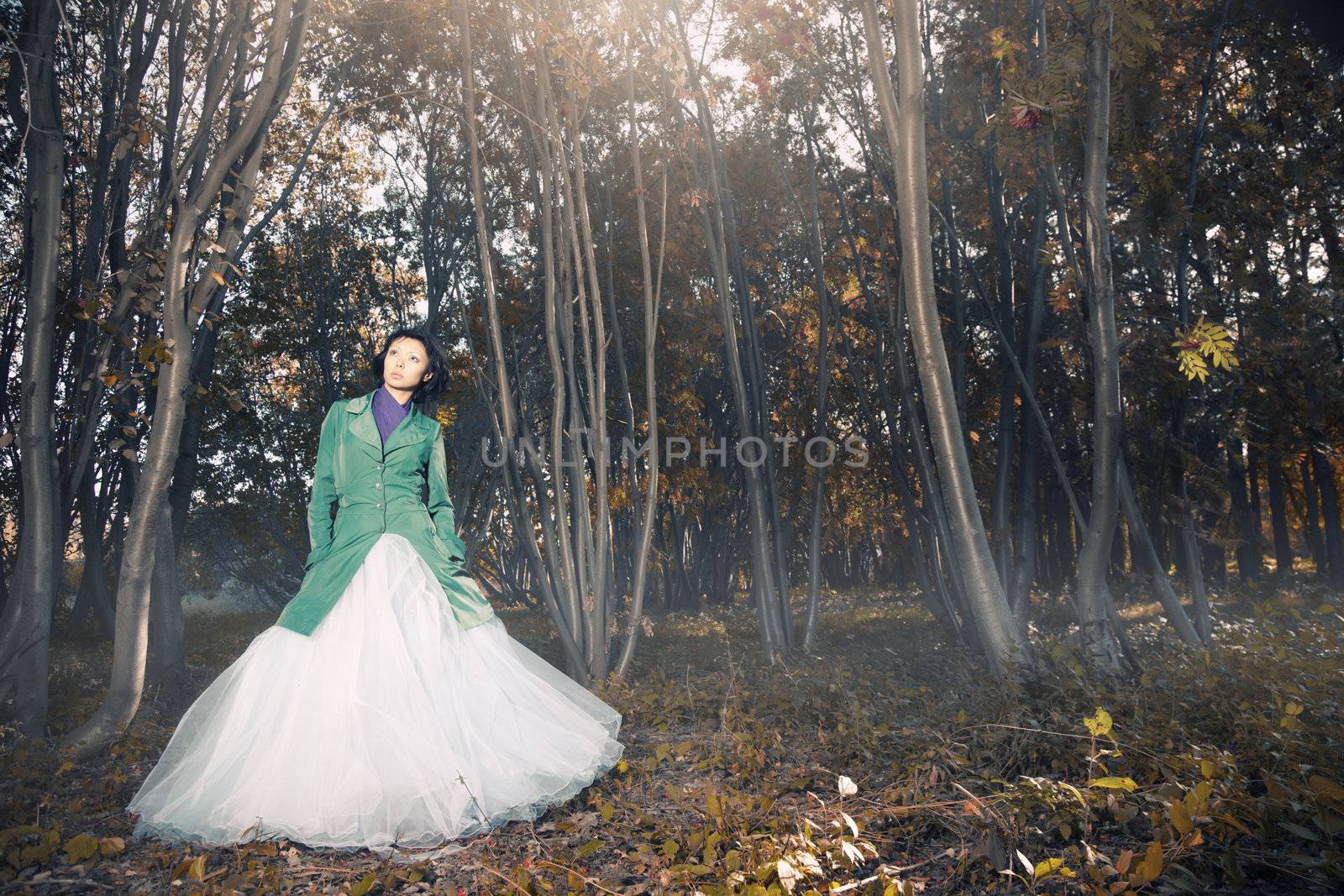 Lady in the wedding dress standing in the autumn forest with fog and red leaves