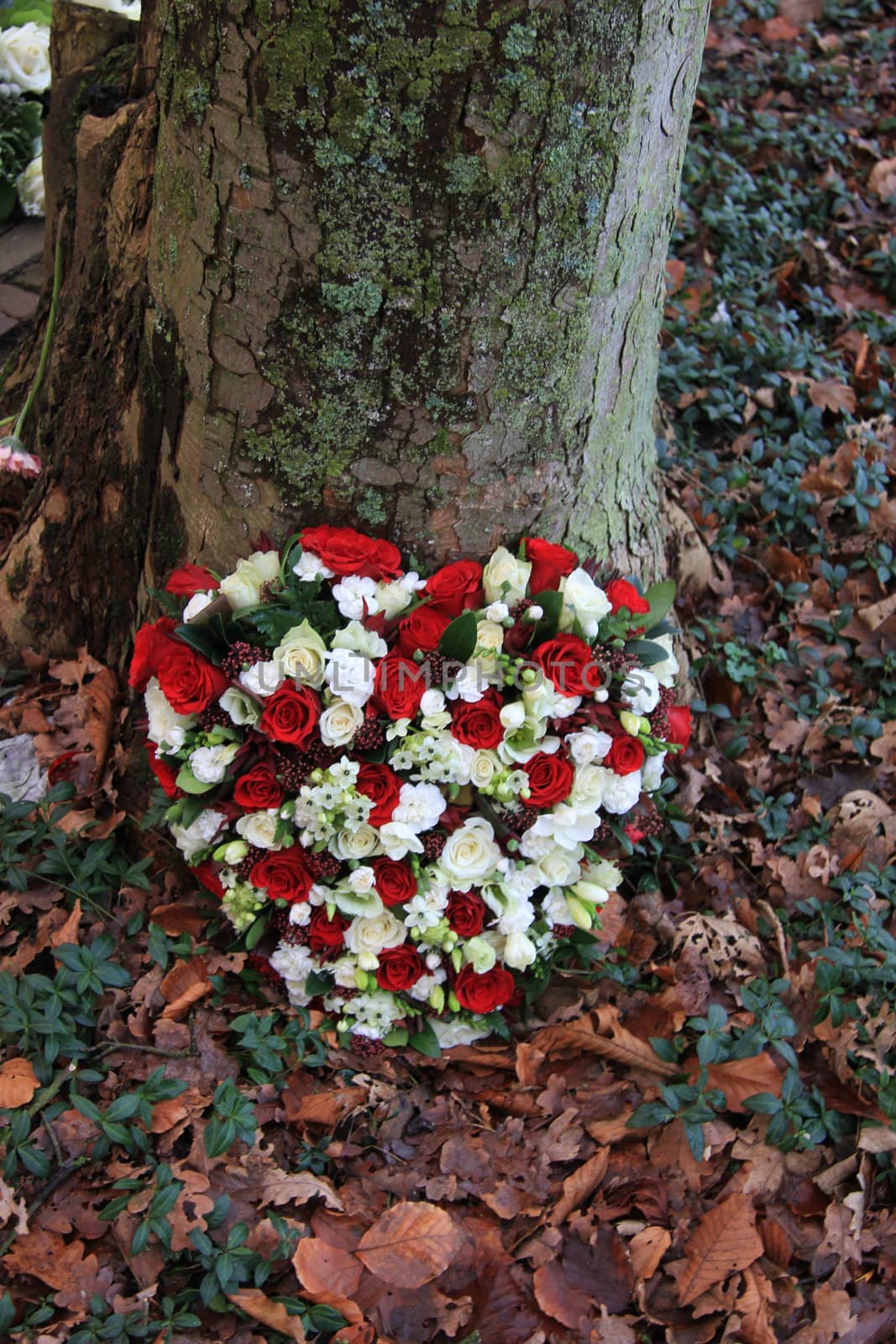 red and white sympathy floral arrangement near a tree