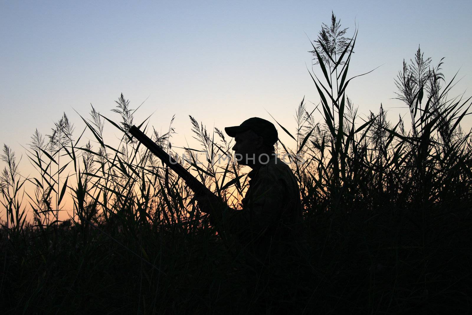 Silhouette of the hunter on a background of a morning dawn