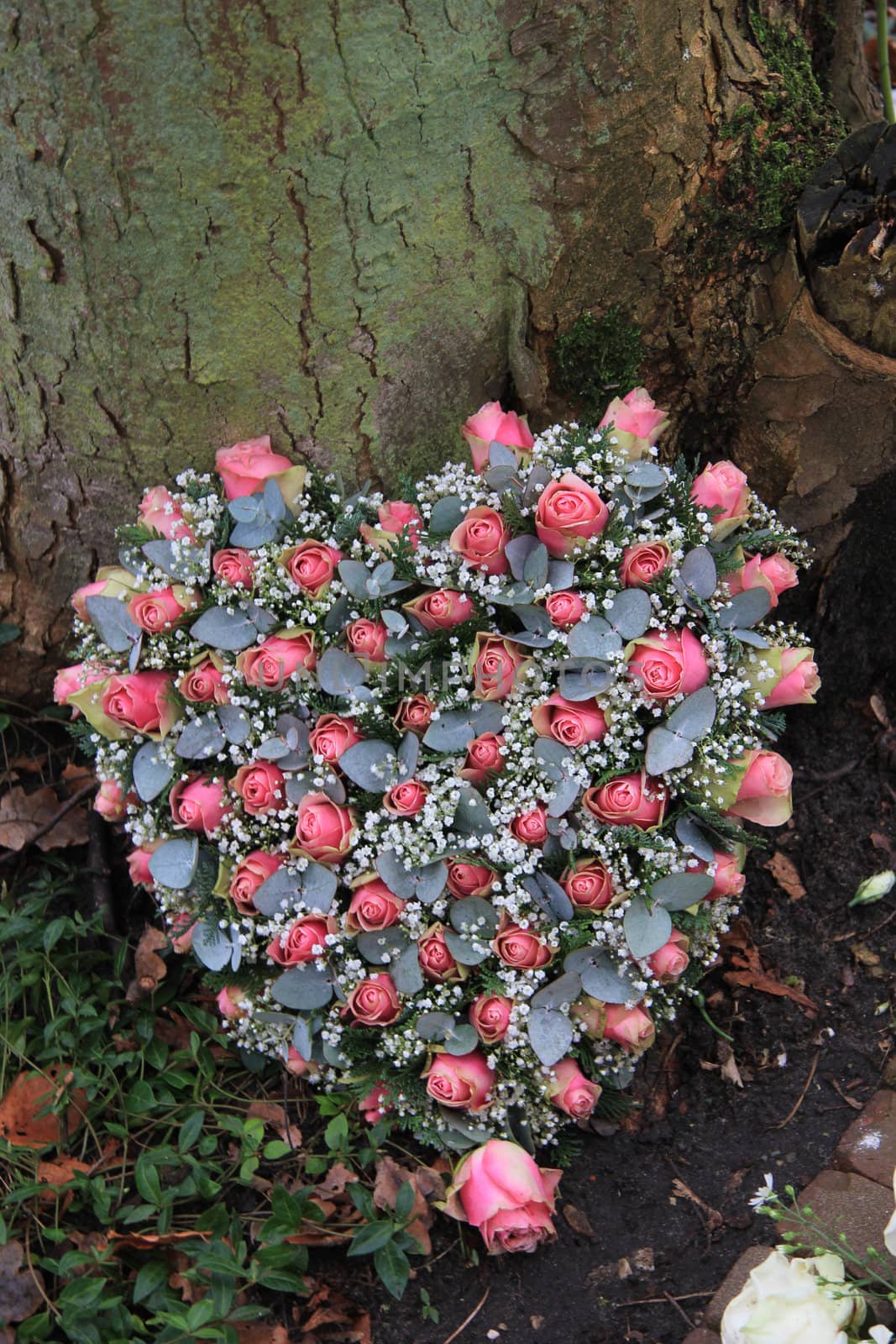 Pink heartshaped sympathy flowers near a tree, roses and eucalyptus