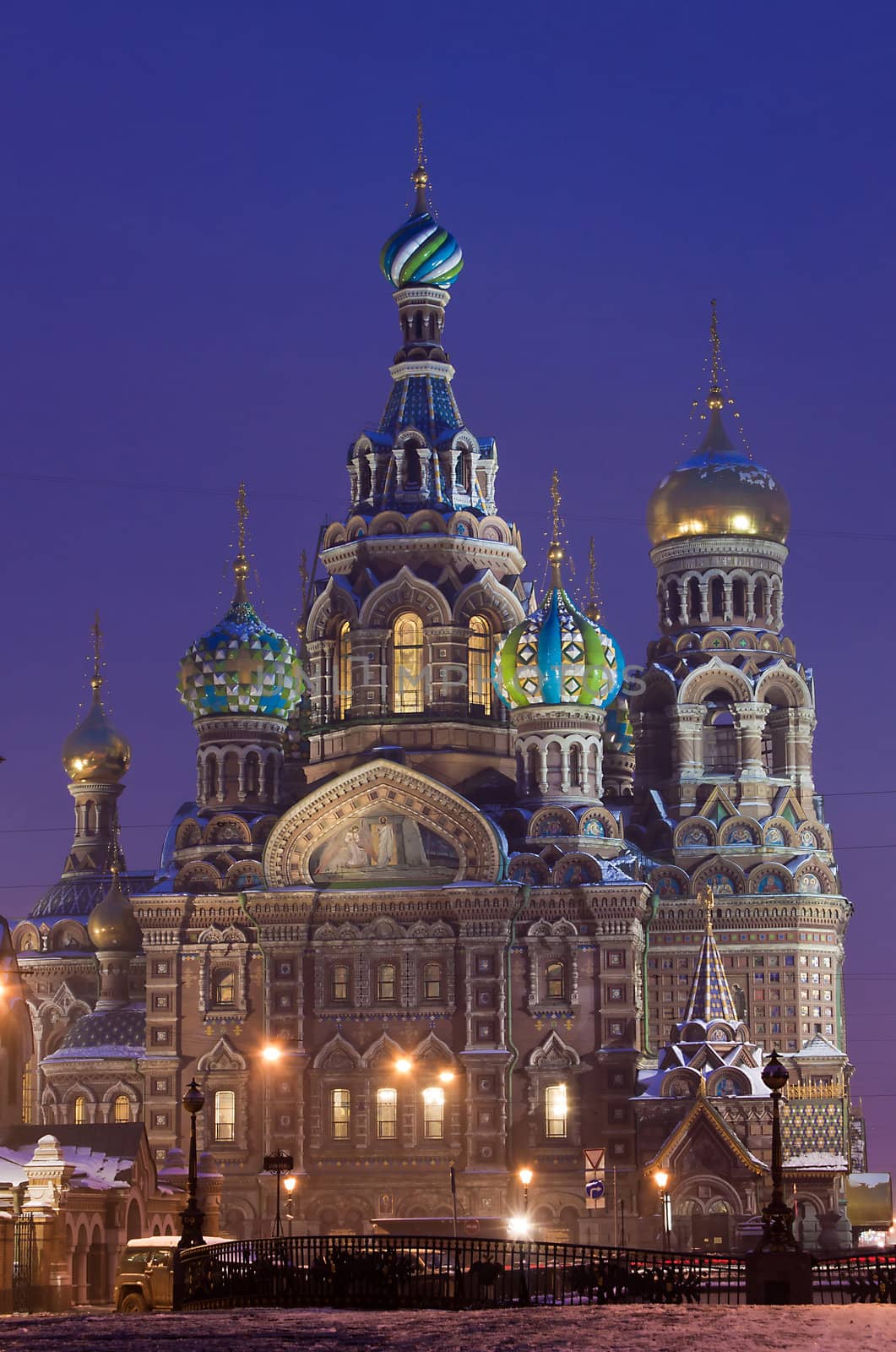 Night vertical view of Temple of the Resurrection of Christ (spas na krovi) Russia