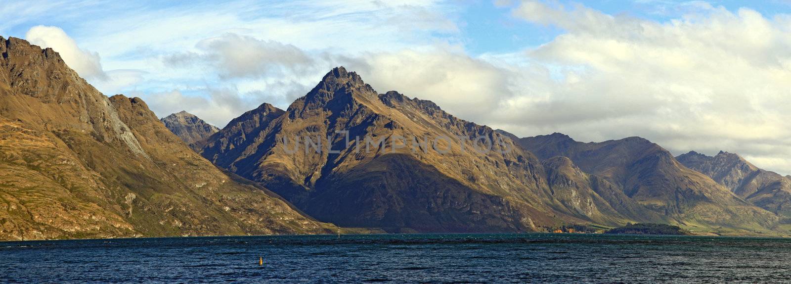 Panorama Scenic Mountain Landscape at Lake Wakatipu of Queenstown New Zealand