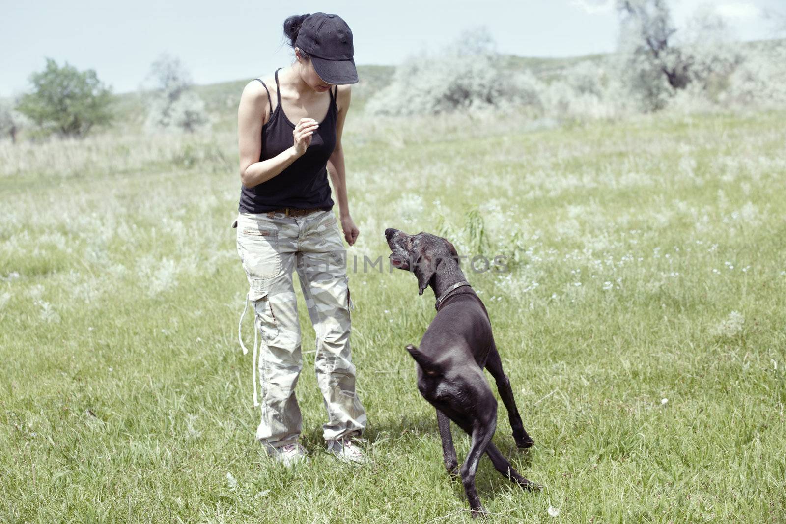 Woman and dog outdoors training. Natural light and colors