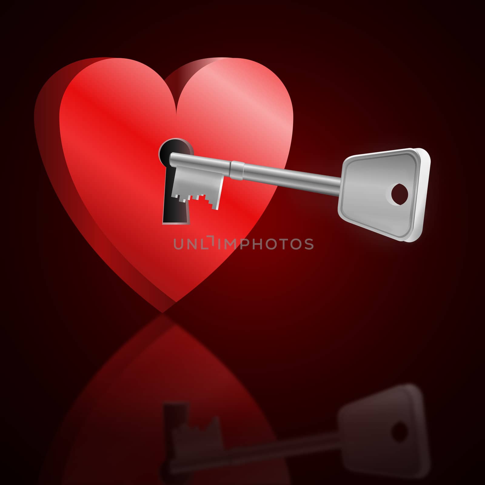 Illustration depicting a love heart with keyhole and a single key reflecting into foreground. Dark red background.