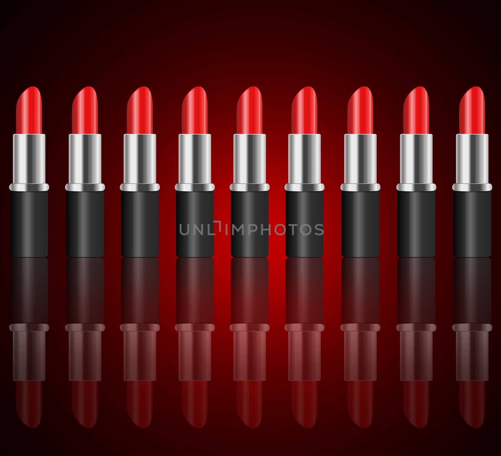 Illustration depicting a horizontal line of red lipsticks arranged over dark red and reflecting into the foreground.