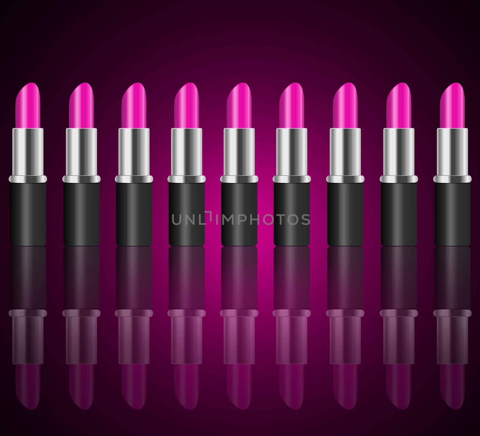 Illustration depicting a horizontal line of pink lipsticks arranged over dark pink and reflecting into the foreground.