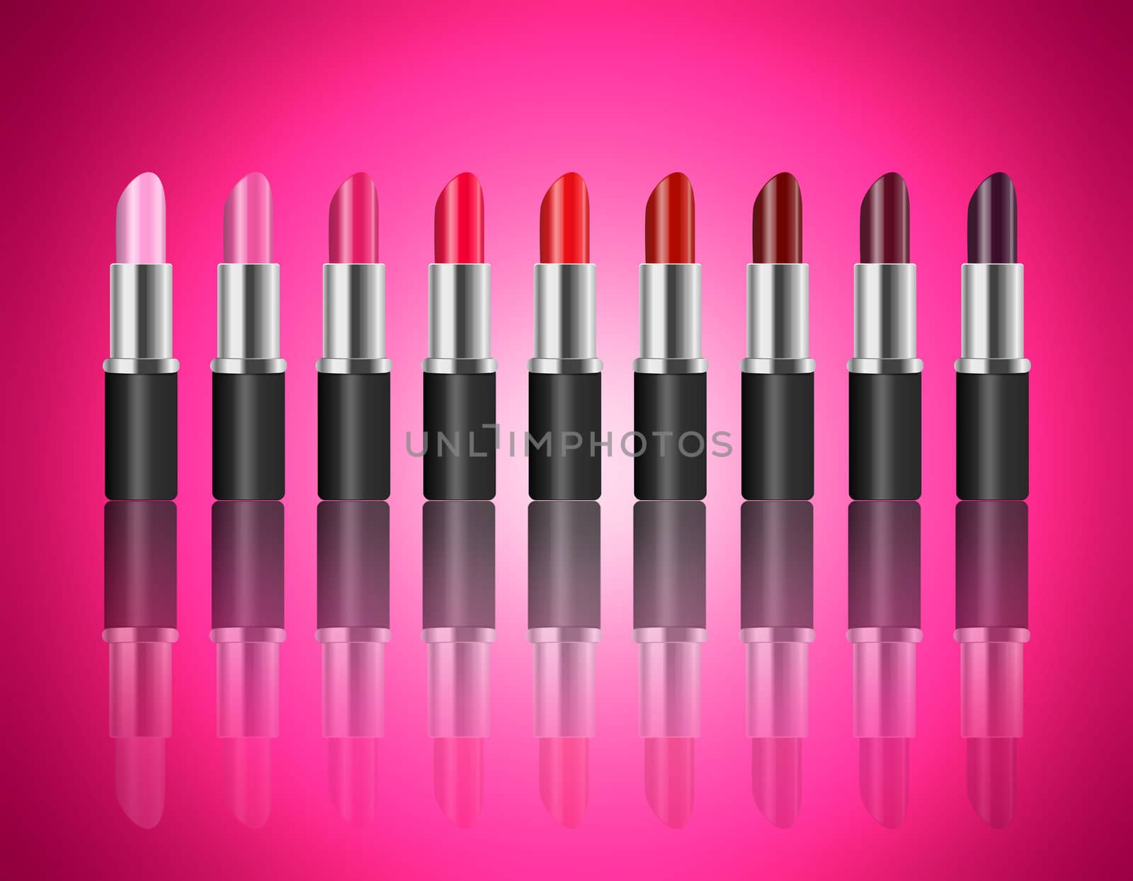 Illustration depicting a selection of lipsticks in a range of colours arranged in a horizontal line over pink light effect and reflecting into the foreground.