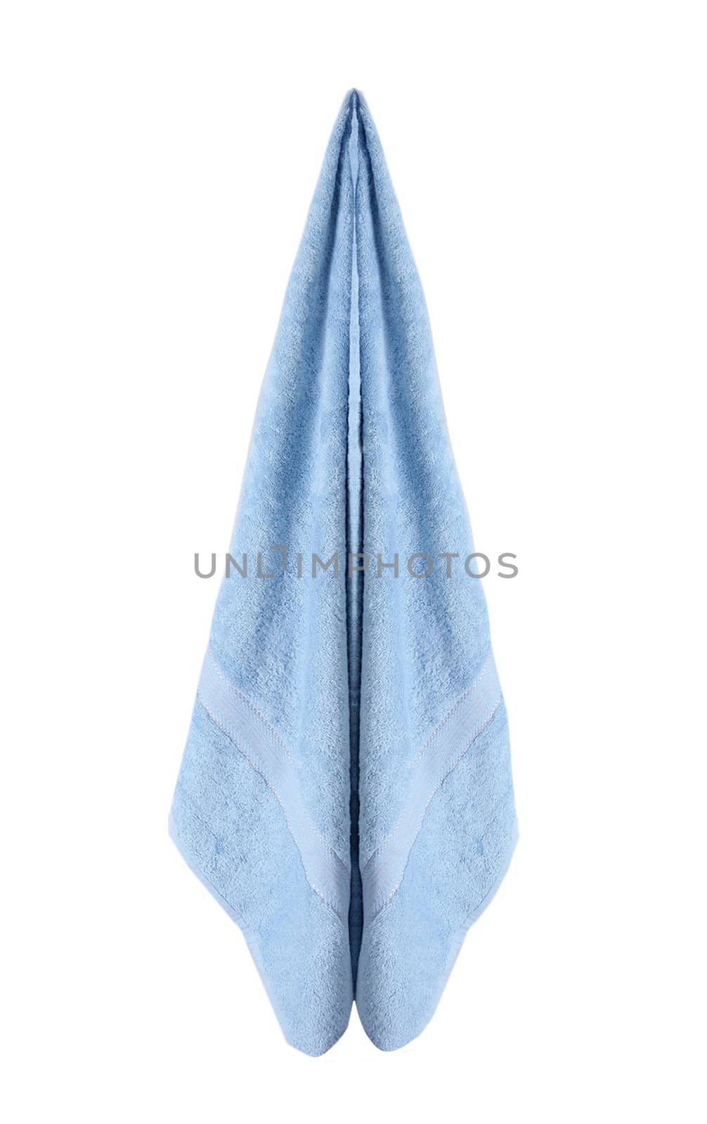 Soft fluffy blue bath and hand towels on white background by ozaiachin