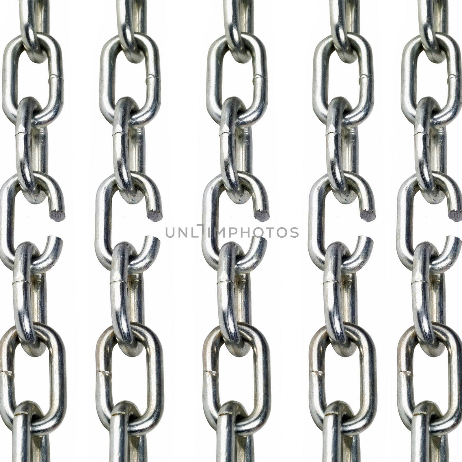 collection of metal chain parts on white background