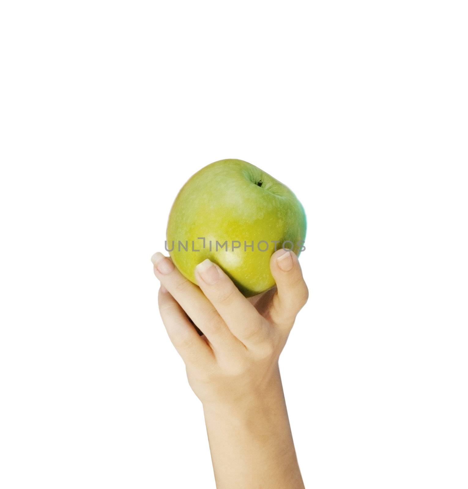 Hand with apple isolated on white background