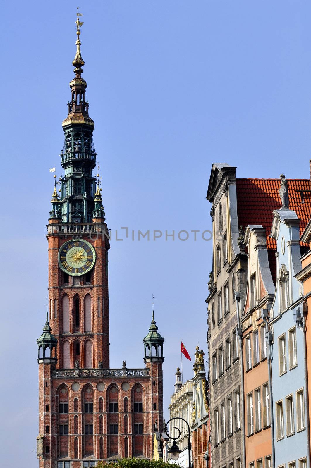 Clock Tower and buildings on Long Market street, in the Old Town of Gdansk.