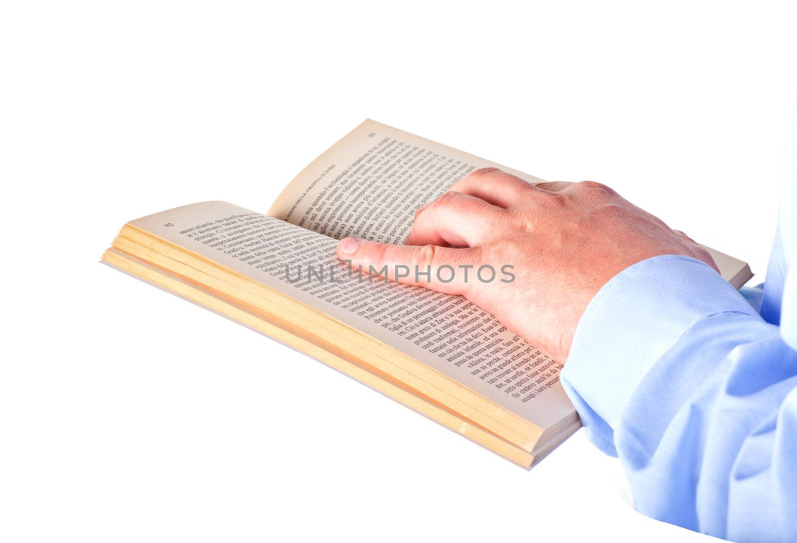 Man reading a book isolated on a white background