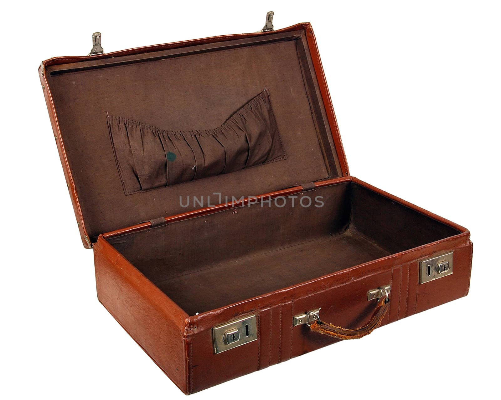 Old brown suitcase on a light background