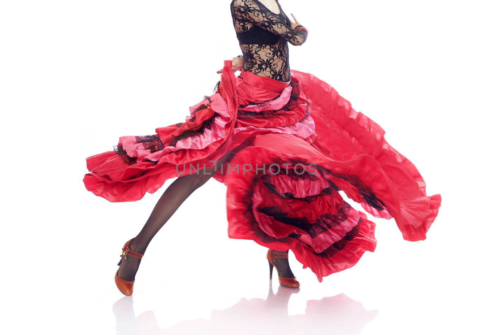 Unrecognizable lady in Gypsy costume dancing flamenco on a white background