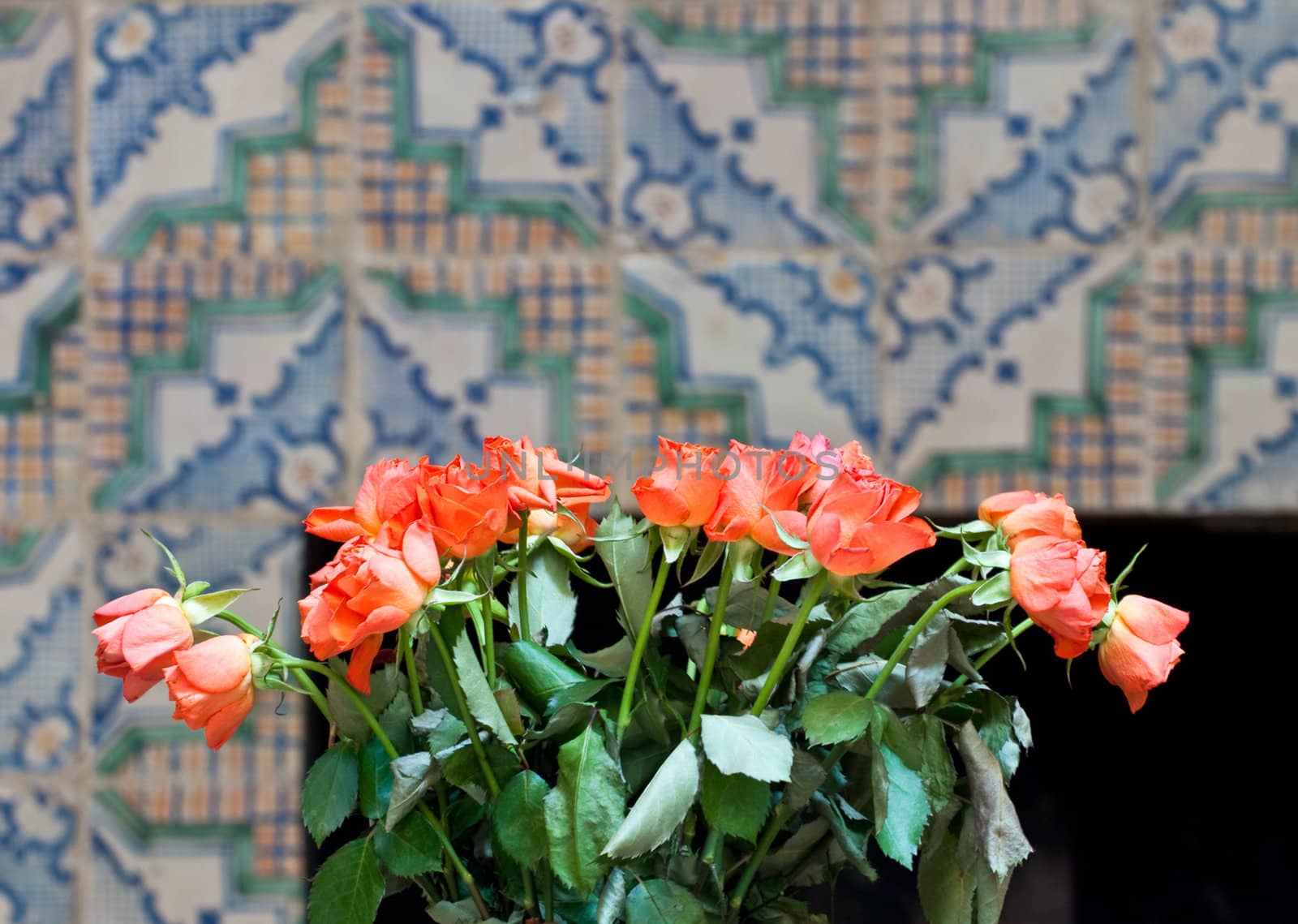 Nice Orange flowers on tiles background