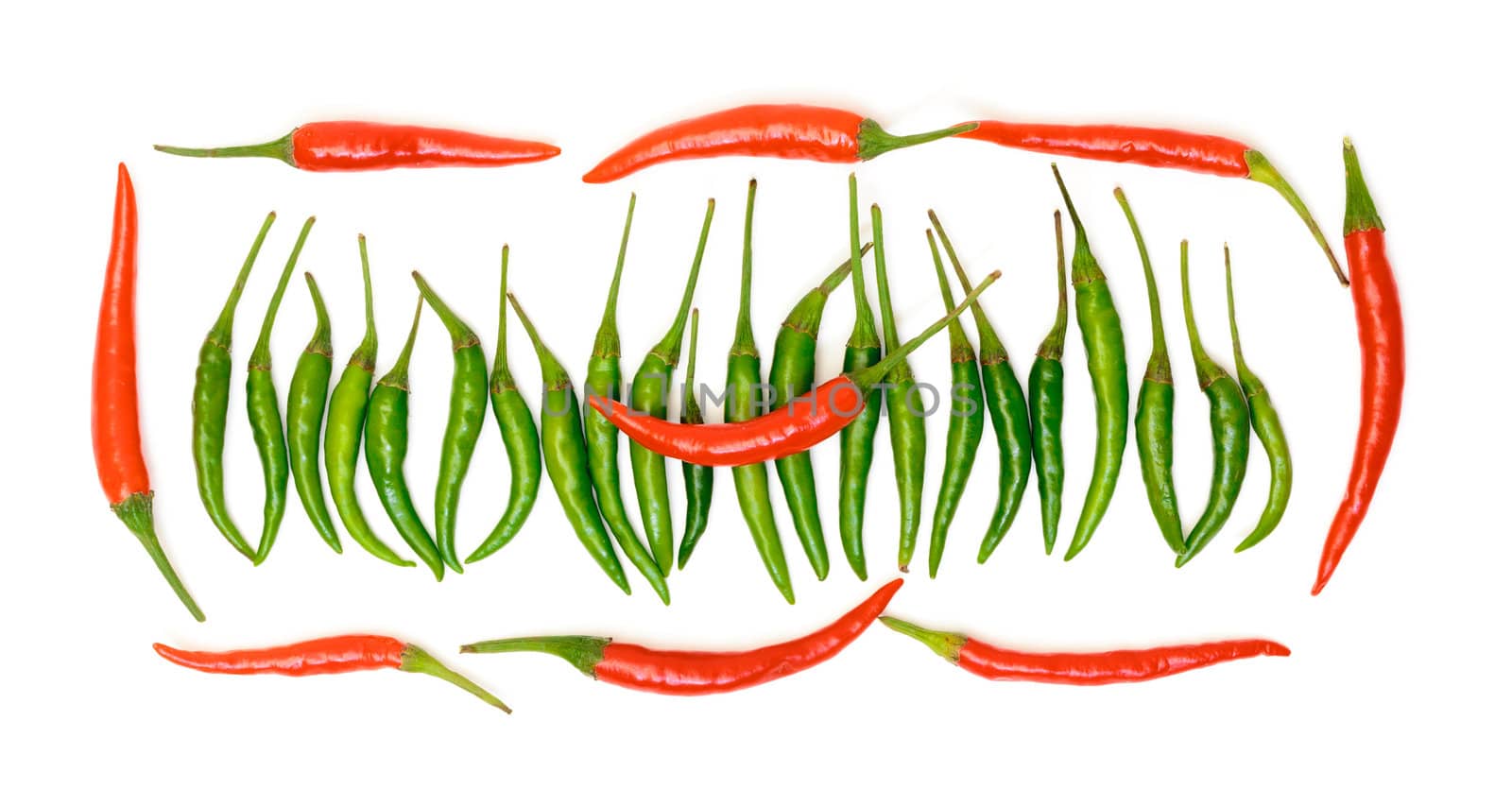 Heap Red and Green Chilli Hot Peppers  on white background