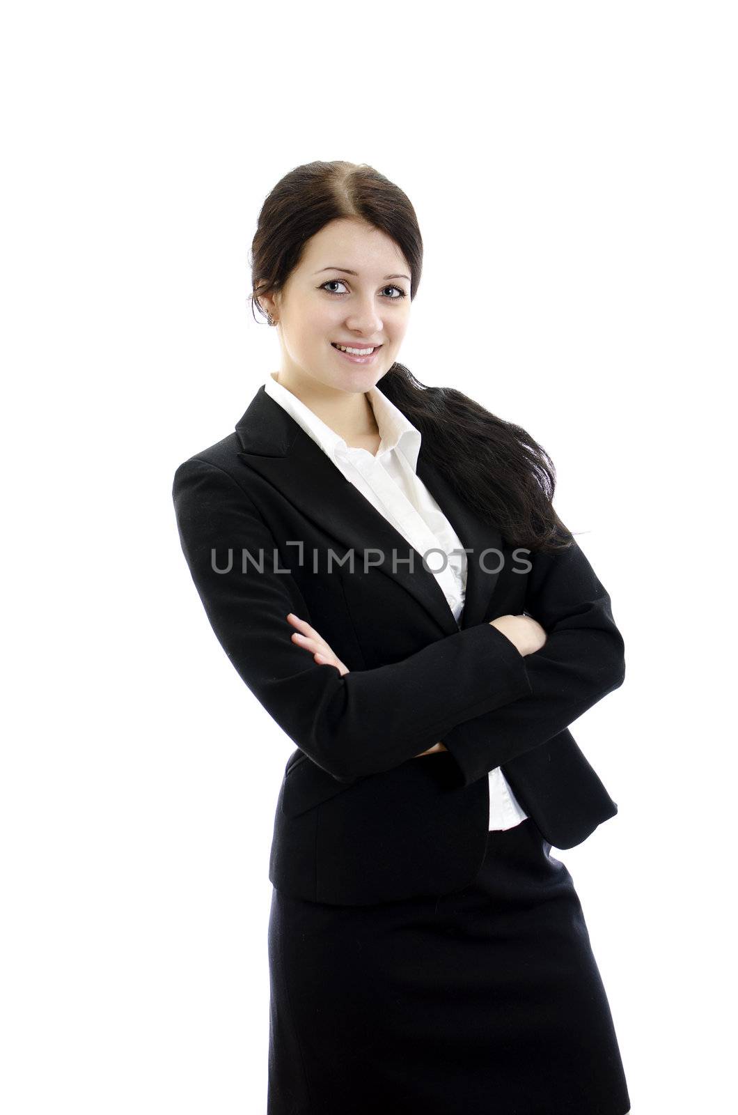 Portrait of a young attractive business woman with hands folded. Isolated on white.