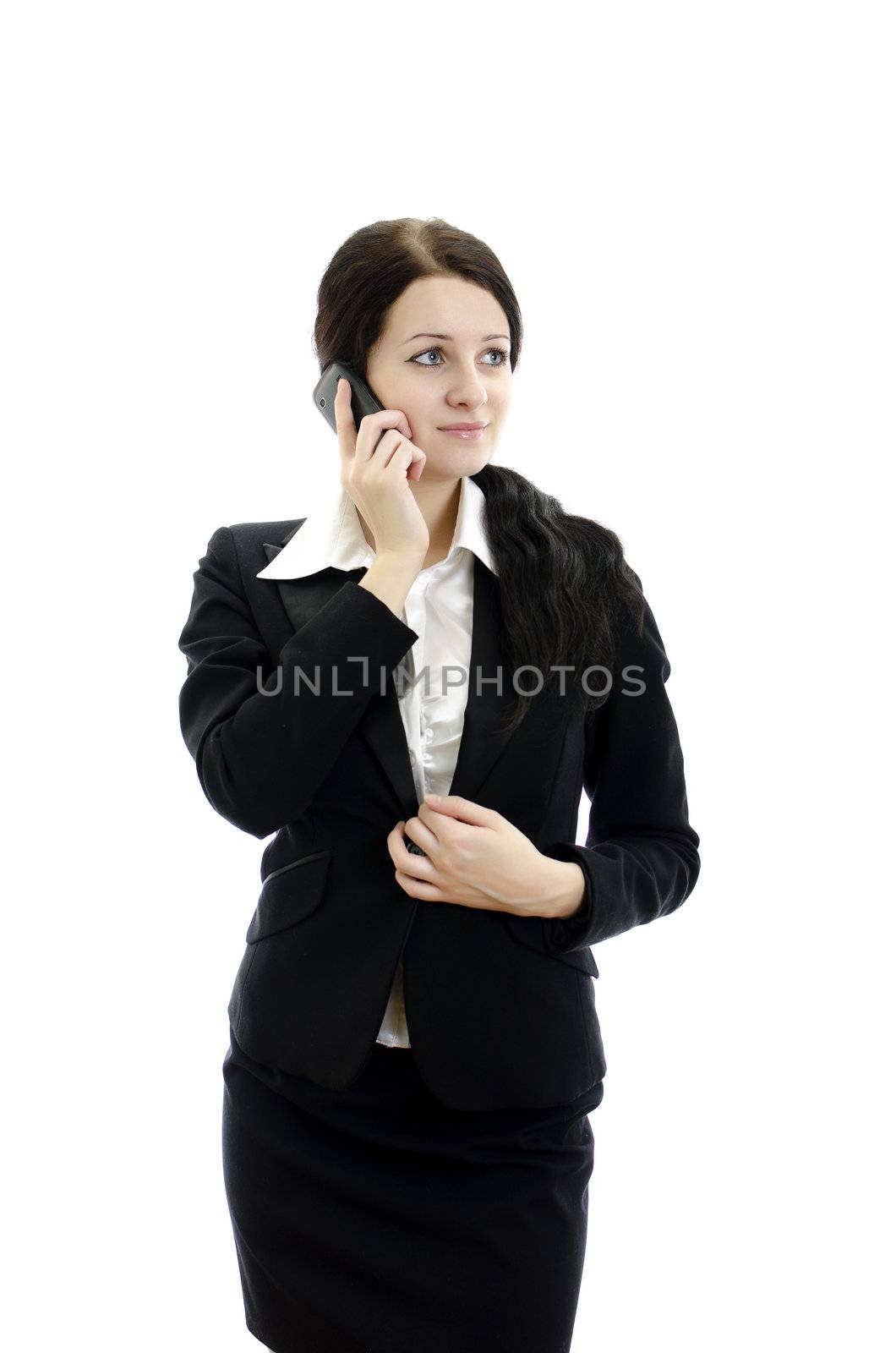 Portrait of a young attractive business woman with mobile phone. Isolated on white.