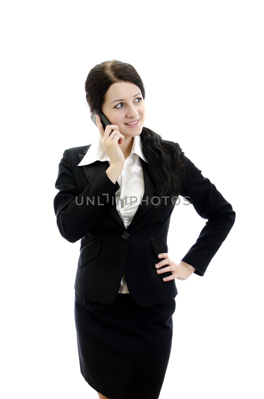 Portrait of a young attractive business woman with mobile phone. Isolated on white.